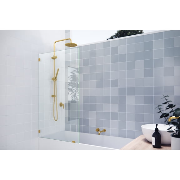Glass Warehouse 58.25" x 33.5" Frameless Shower Bath Fixed Panel Satin Brass Satin