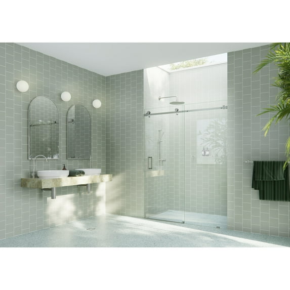Glass Warehouse 68 in. x 78 in. Sliding Frameless Shower Door with Square Hardware Brushed Nickel Nickel Finish