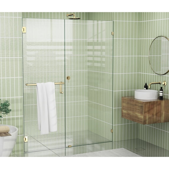 Glass Warehouse 78" x 60" Frameless Towel Bar Shower Door - Wall Hinge Polished Brass Brass Finish