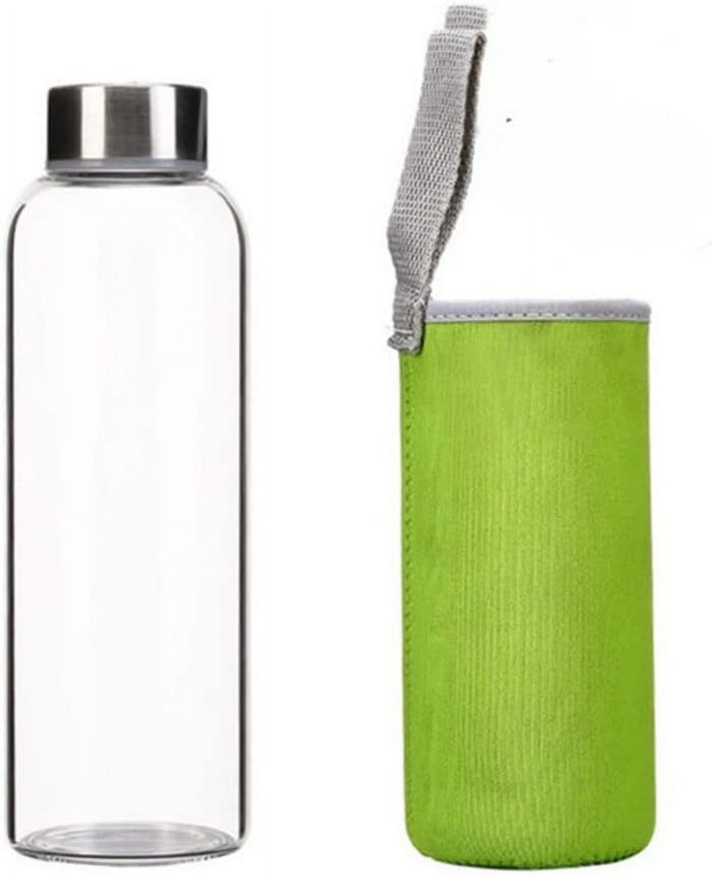 Glass Water Bottle, 360ml/420/550ml Sport Bottle with Stainless Steel Lid and Protective Bag for to Go Travel Gym Home (Green, 420ml)