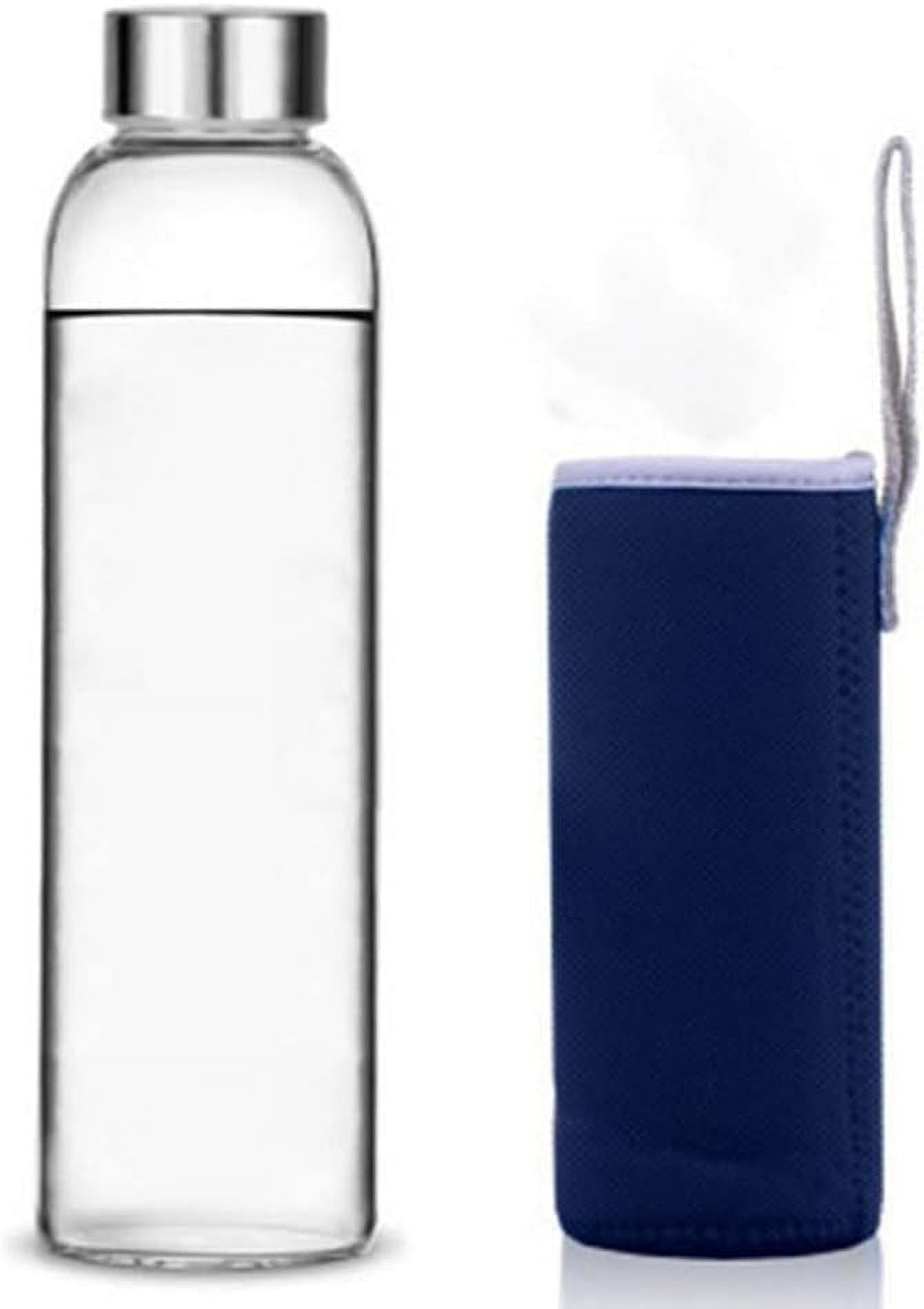 Glass Water Bottle, 360ml/420/550ml Sport Bottle with Stainless Steel Lid and Protective Bag for to Go Travel Gym Home (Navy Blue, 550ml)
