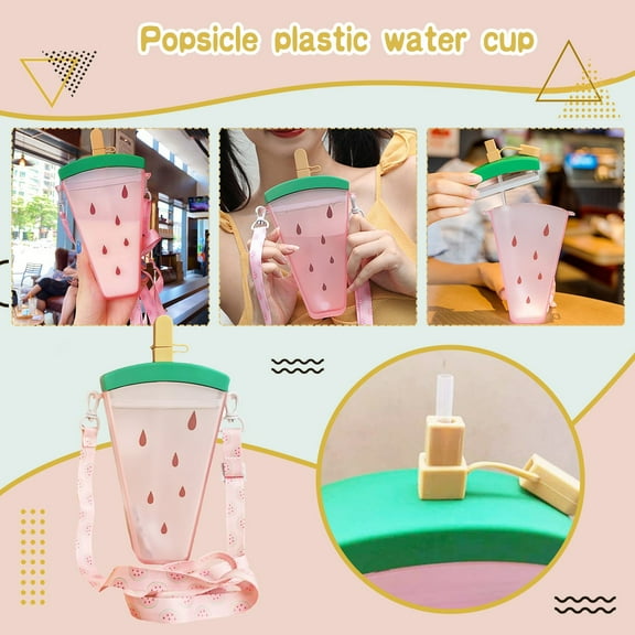 Glass Water Bottle,Cute Watermelon Straw Water Bottle Ice Cream Popsicle Cup With Shoulder Strap