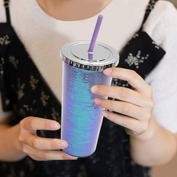 Glass Water Bottle,Double Layer Plastic Cup Sequins Straw Cup Creative Summer Cold Drink Water Cup