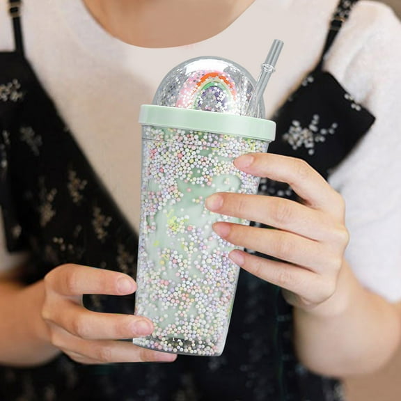 Glass Water Bottle,Rainbow Doll Bubble Bubble Strawing Cup Large Capacity Cute Men And Women Students Summer Ice Cup Double Layer Plastic Cup