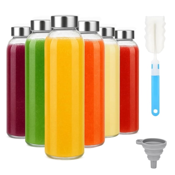Glass Water Bottle With Stainless Steel Lids 18 oz, 6 Pack Reusable Juice Bottles, Leak Proof