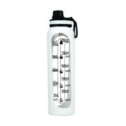 Glass Water Bottle with Silicone Sleeve, Reusable 34oz/1L BPA-Free Blender Shaker Bottle with Time Marker and Spout Lid, White