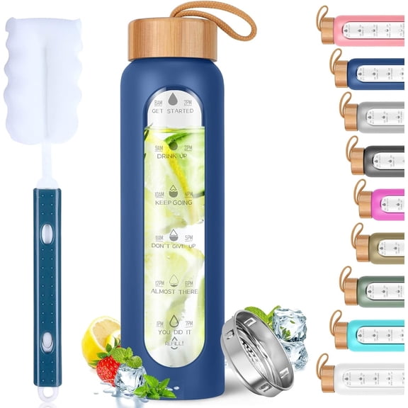 Glass Water Bottles 25 Oz with Sleeve - Wide Mouth Glass Motivational Water Bottles with Fruit Infuser - Leak Proof Borosilicate Water Bottle with Time Marker (Blue)
