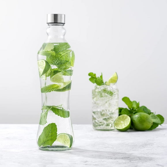 Glass Water Bottles - 2pc Set, 32 oz/1 Liter, Clear Glass with Stainless Steel Lids, Leakproof, Ideal for Juicing or Iced Tea