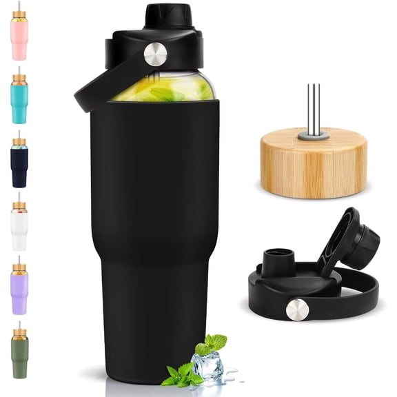 Glass Water Bottles 32 oz, 1 Liter Glass Tumbler, Borosilicate Water Bottle with Straw, Sleeve, 2 - Handle Spout & Straw Lid, Fits Cup Holder (Black)