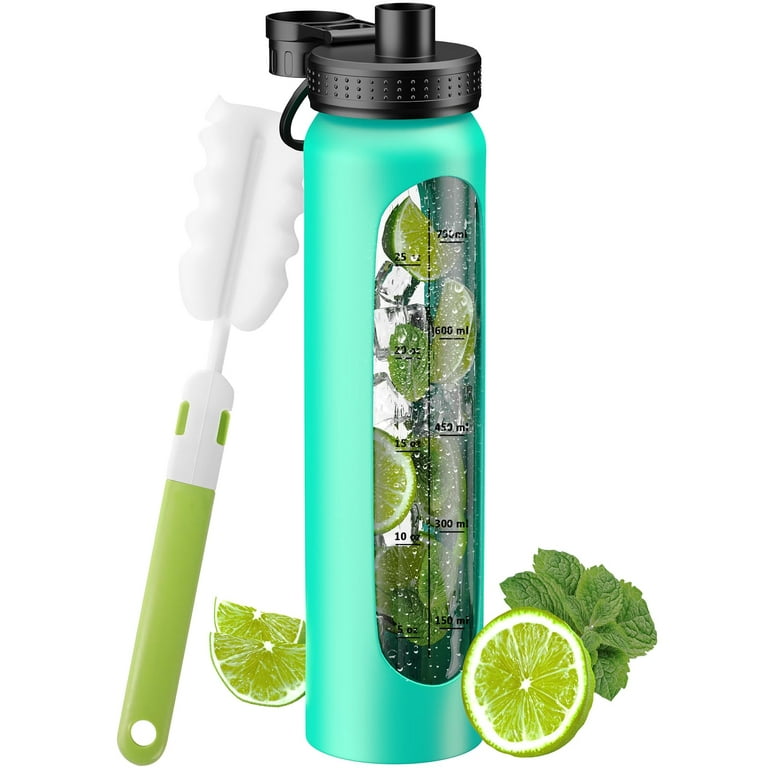 Glass Water Bottles 32 oz with Silicone Sleeve Drinking Hydration Bottles  Reusable BPA Free Borosilicate Wide Mouth Motivational Water Bottles with  Daily Time Marker Spout Lid and Brush (Green) 