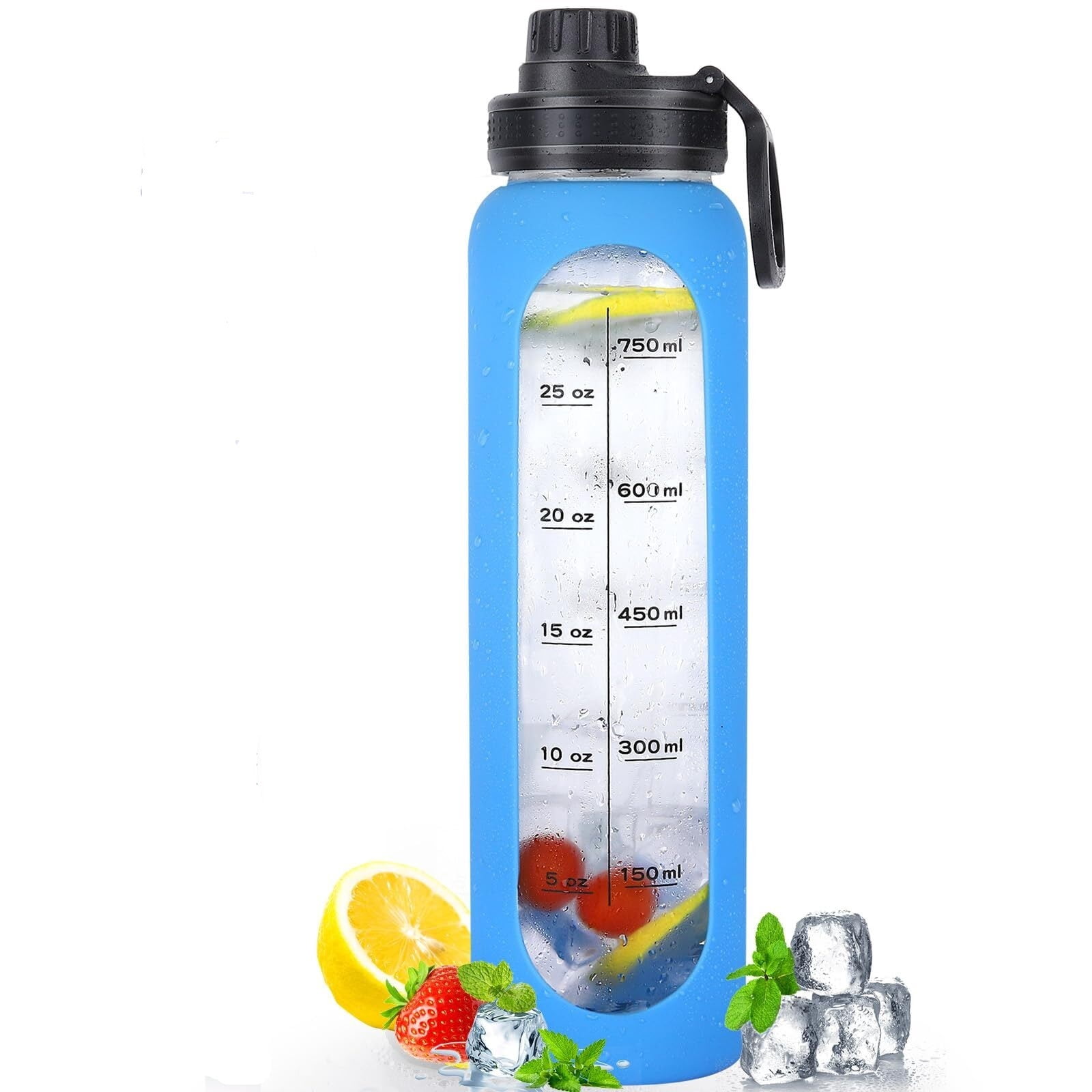 Glass Water Bottles 32oz with Silicone Sleeve Drinking Hydration Bottles Reusable Borosilicate Wide Mouth Motivational Water Flask Canteen with Time Marker Spout Lid and Brush