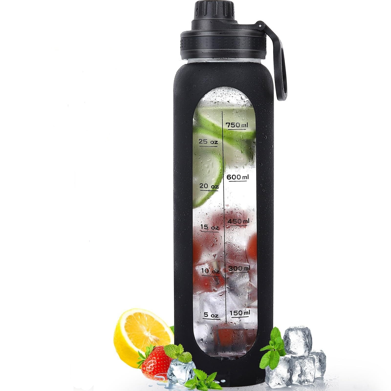 Glass Water Bottles 32oz with Silicone Sleeve Drinking Hydration Bottles Reusable Borosilicate Wide Mouth Motivational Water Flask Canteen with Time Marker Spout Lid and Brush
