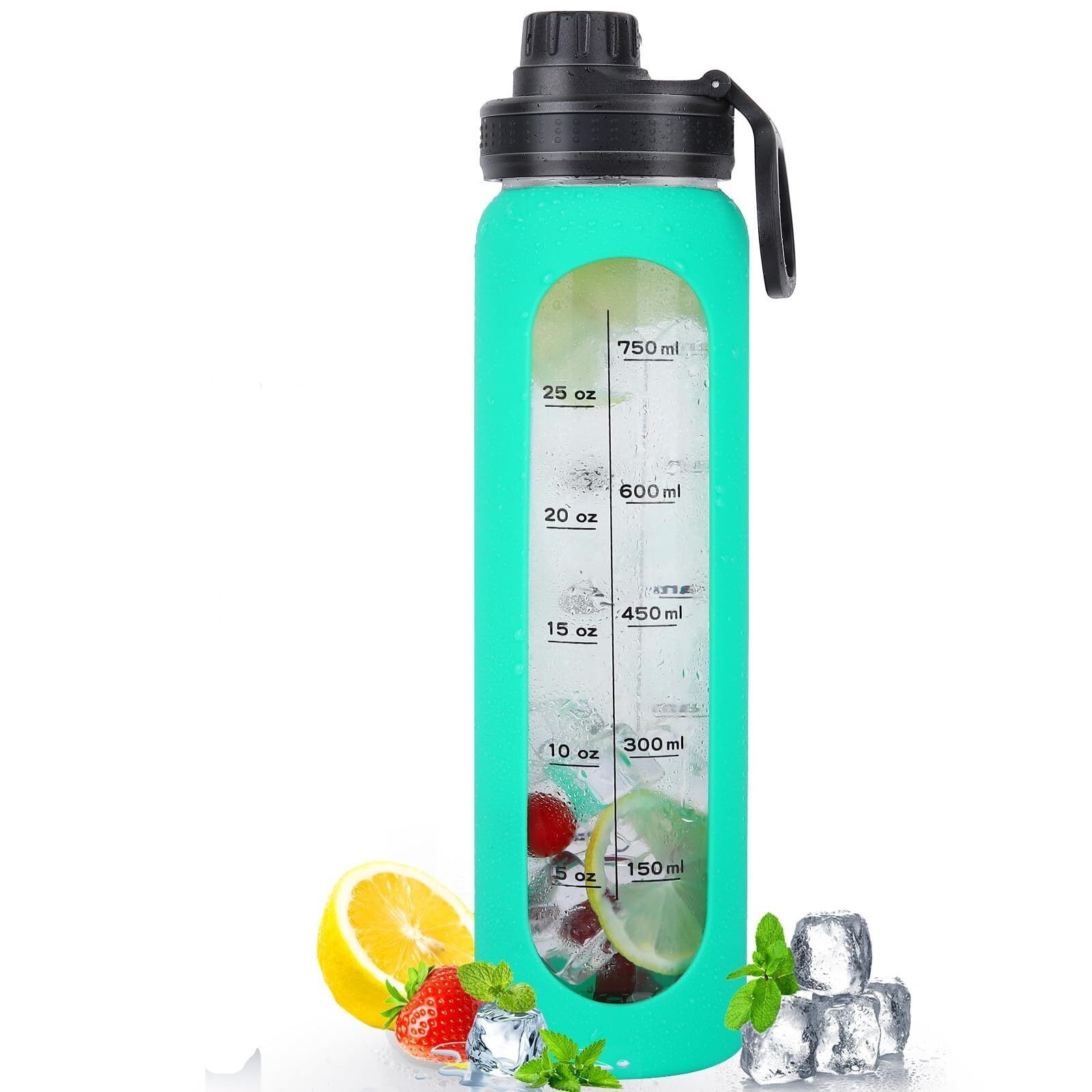 Glass Water Bottles 32oz with Silicone Sleeve Drinking Hydration Bottles Reusable Borosilicate Wide Mouth Motivational Water Flask Canteen with Time Marker Spout Lid and Brush