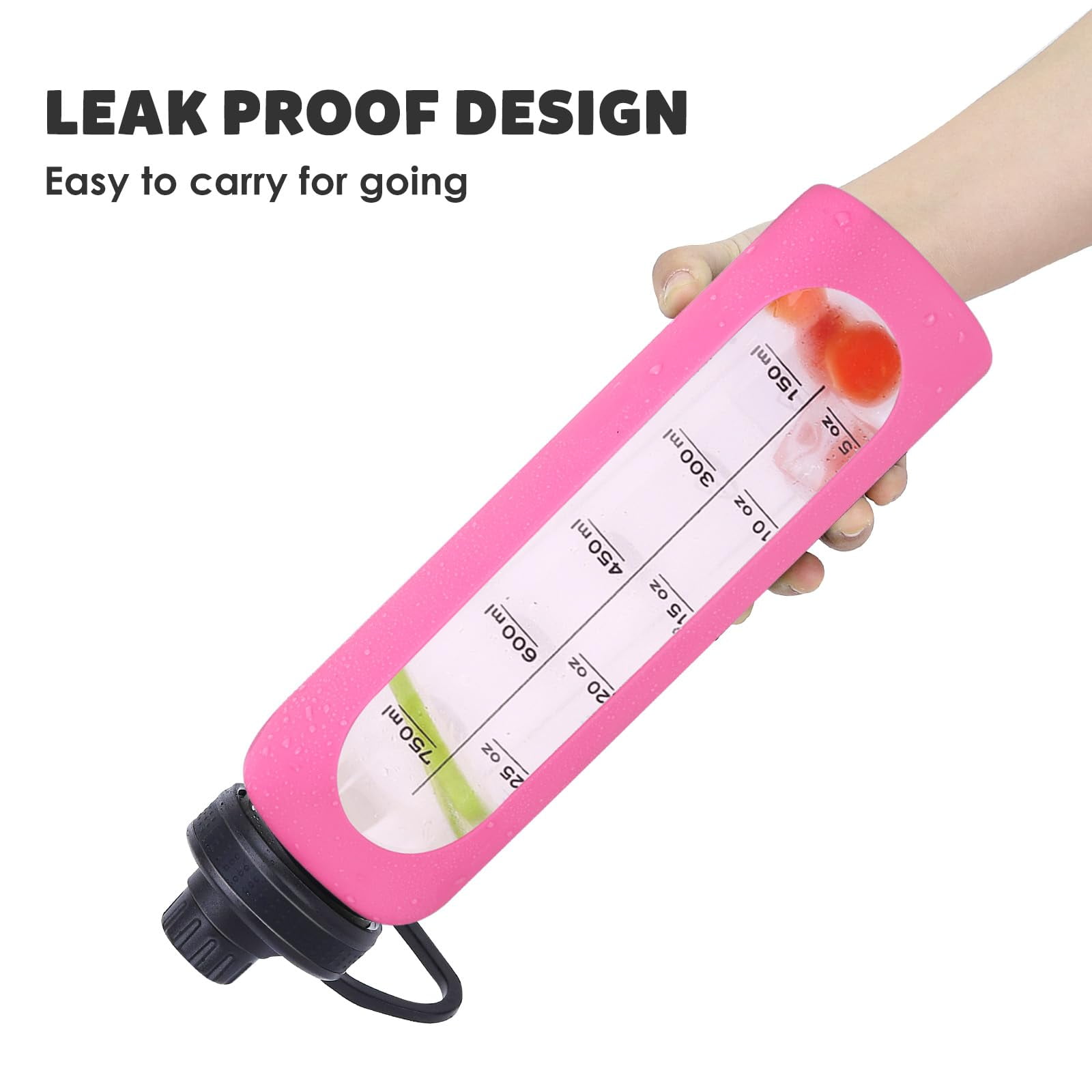 Glass Water Bottles 32oz with Silicone Sleeve Drinking Hydration Bottles Reusable Borosilicate Wide Mouth Motivational Water Flask Canteen with Time Marker Spout Lid and Brush
