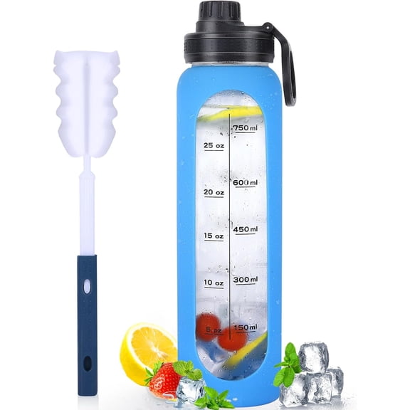 Glass Water Bottles 32oz with Sleeve Drinking Hydration Bottles Borosilicate Wide Mouth Motivational Water Flask Canteen with Time Marker Spout Lid and Brush (Blue)
