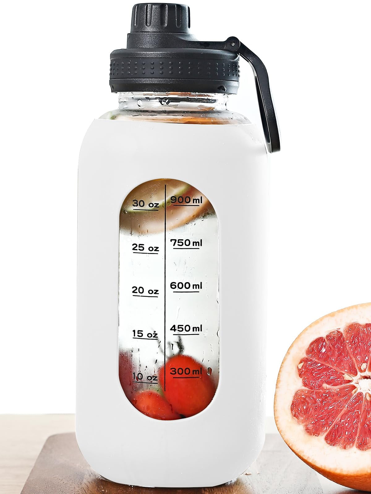 32Oz Borosilicate Glass Water Bottle with Straw & Time Marker, Wide Mouth  Motiva