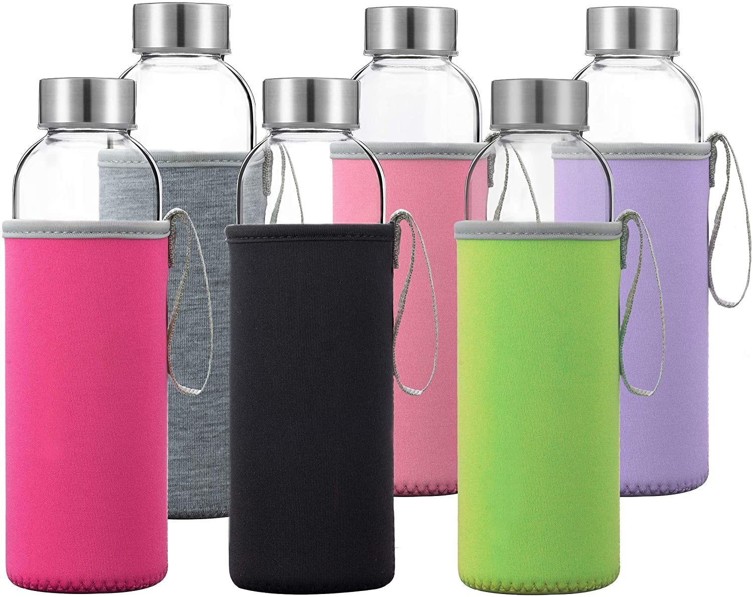 Glass Water Bottles 6 Pack With Sleeves and Stainless Steel Lids - 18oz  Size - Leak Proof Caps, Reus…See more Glass Water Bottles 6 Pack With  Sleeves