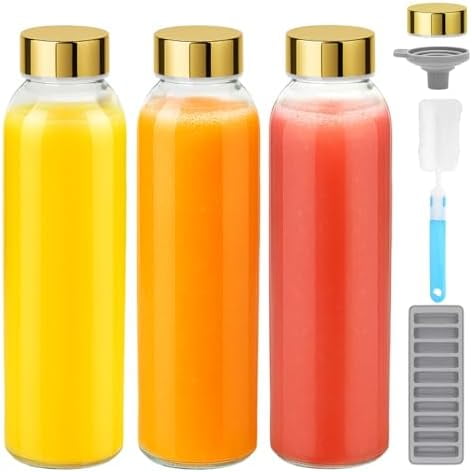 Glass Water Bottles with Gold Lids 18 oz, Reusable Clear Glass Juice Bottles Stainless Steel Airtight Cap for Juicing, 100% Leak Proof Juice Drinking Jar for Refrigerator, BPA Free, Set of 3
