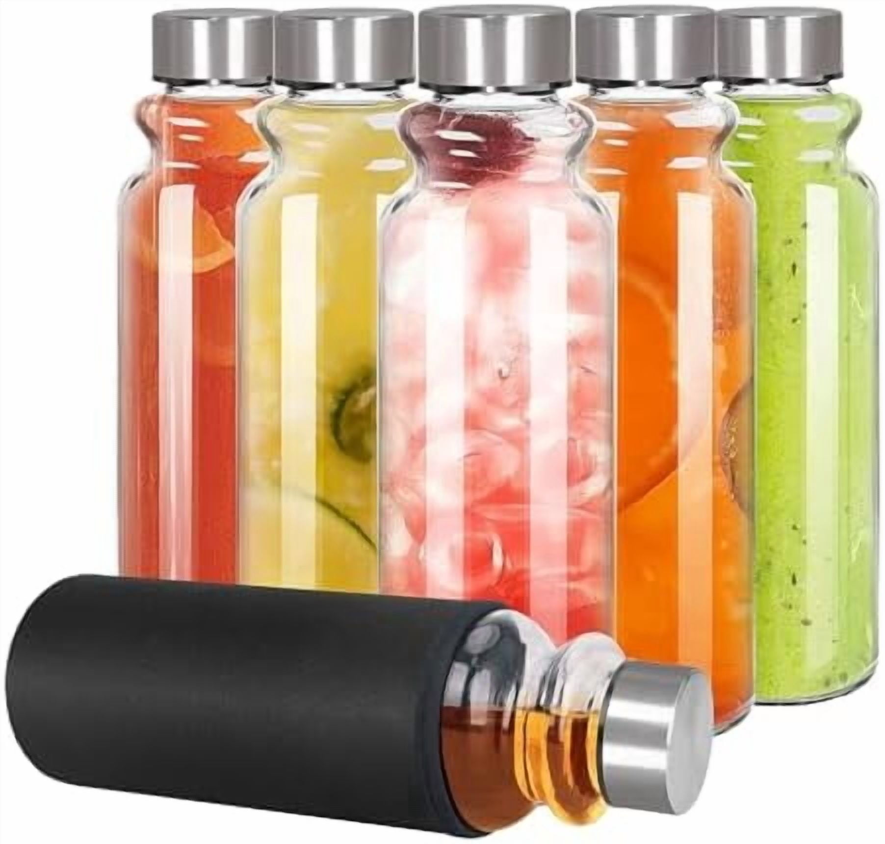 Glass Water Bottles Set of 6, 18 oz, Reusable Water Bottle with Lids, LeakProof Juice Bottles, BPA Free, Container Bottle for Refrigerator, Suitable for Beverage, Milk, Soda