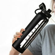 Glass Water Bottles with Silicone Sleeve Drinking Bottles Reusable Wide Mouth Motivational Water Flask Canteen with Time Marker Spout Lid Black