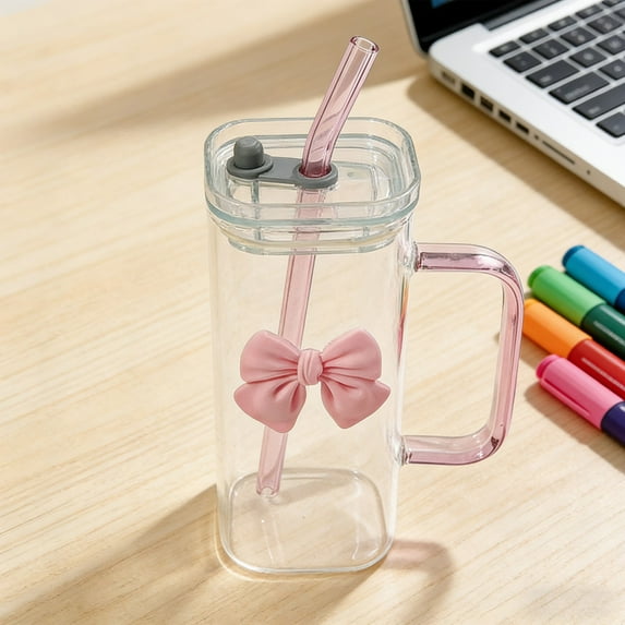 Glass Water Cup with Handle Under $5! Kadlawus Glass Water Cup with Handle Lid, 400ml Drinking Cup with Straw, Detachable Bow Decoration, Reusable Travel Cup, Cute Beverage Cup