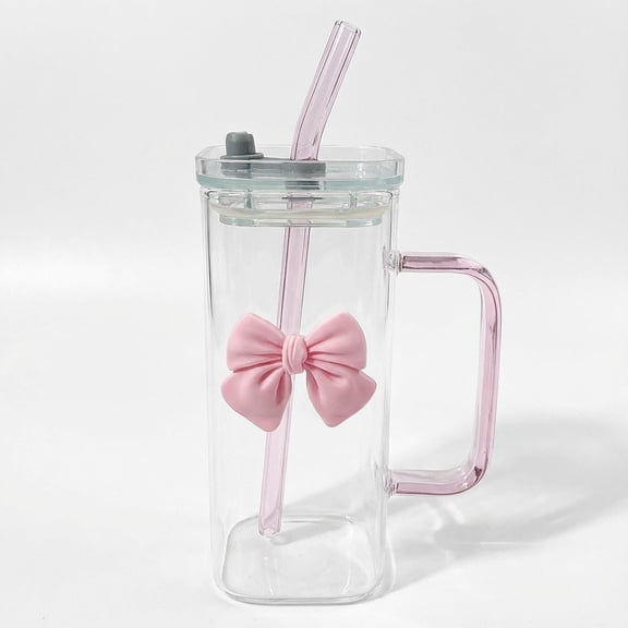 Glass Water Cup with Handle, Detachable Butterfly Decoration, Glass Straw, 400ml Capacity, Sturdy & Elegant Drinkware for Home, Office, and On-the-Go Use