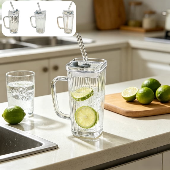 Glass Water Cup With Handle Lid Straw – Clear Glass Coffee Cup, Cold Drink Tumbler, Reusable Beverage Mug, Thick Impact Resistant, Home Office Use