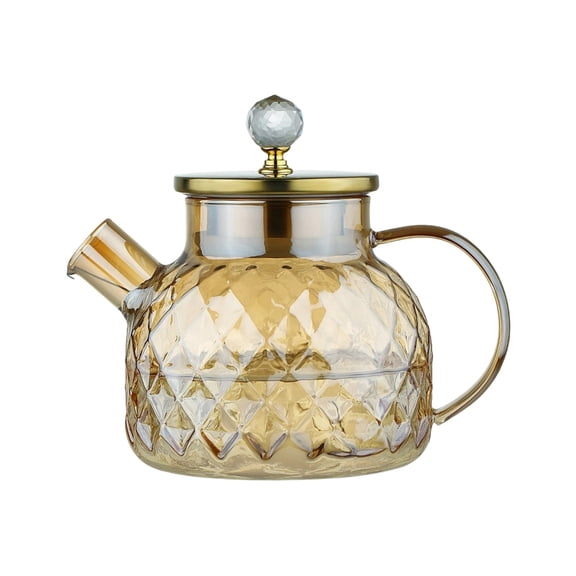 Glass Water Kettle, Crystal Bead Teapot, High Borosilicate Heat Resistant Pitcher for Tea and Cold Beverages, Household Reception Serving Set with Diamond Texture and Gold Lid