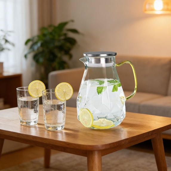 Glass Water Pitcher 61oz Capacity, Large Pattern Water Jug with Lid, Thickened Beverage Dispenser for Home Kitchen, Clear Glass Pitcher for Drinks (Silver)