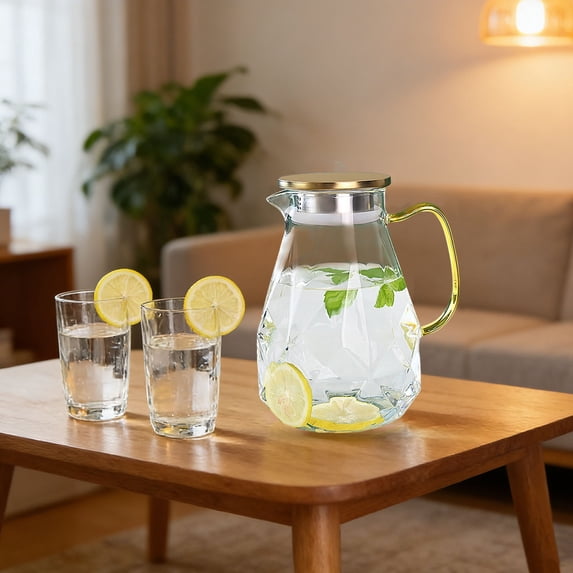 Glass Water Pitcher 74oz Capacity, Extra Large Pattern Beverage Pitcher, Thickened Crystal Clear Water Dispenser with Lid, Glass Drink Pitcher (Gold)