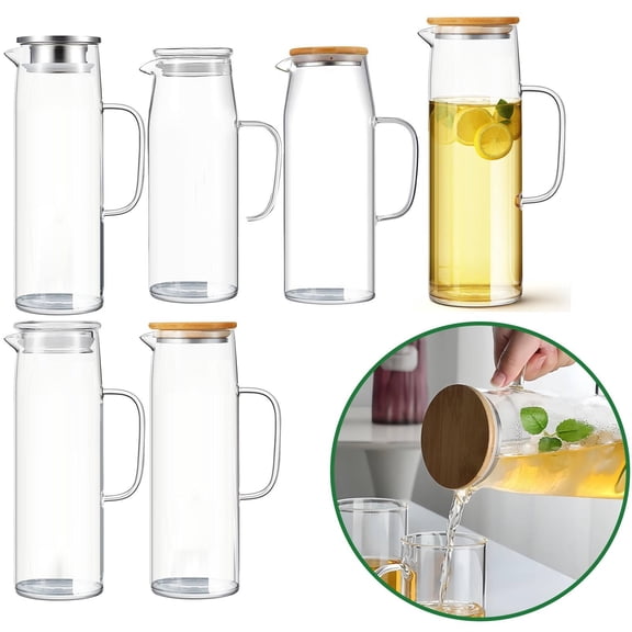 Glass Water Pitcher Basdi Thickened Borosilicate Glass Water Bottle - Large Capacity Pitcher with Handle | Heat-Resistant, Crystal Clear, Ideal for Iced Drinks and Family Use, Iced Drink Dispenser, A
