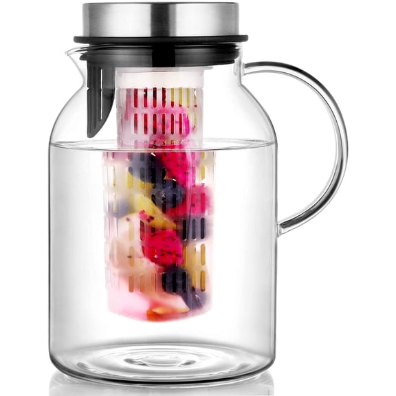 Glass Water Pitcher with Removable Lid, Heat Resistant Fruit Infuser Carafe for Hot and Cold Beverages, Iced Tea Pitcher, 2 Quart Flavor-Infused Drink Container