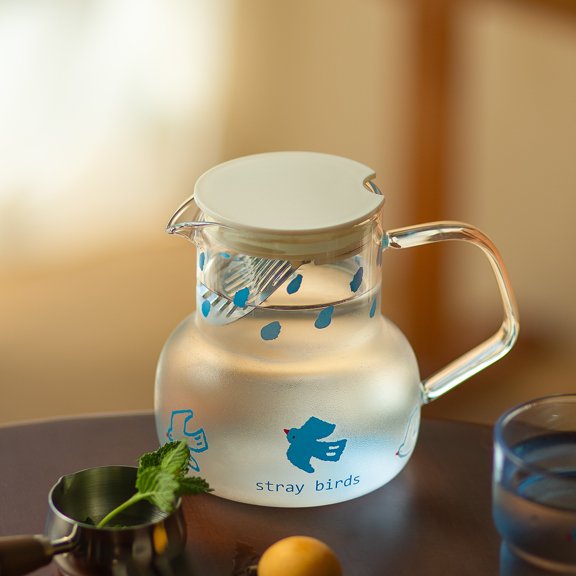 Glass Water Pitcher With Handle Bird Floral Pattern Decorative Tea Carafe For Dining Table