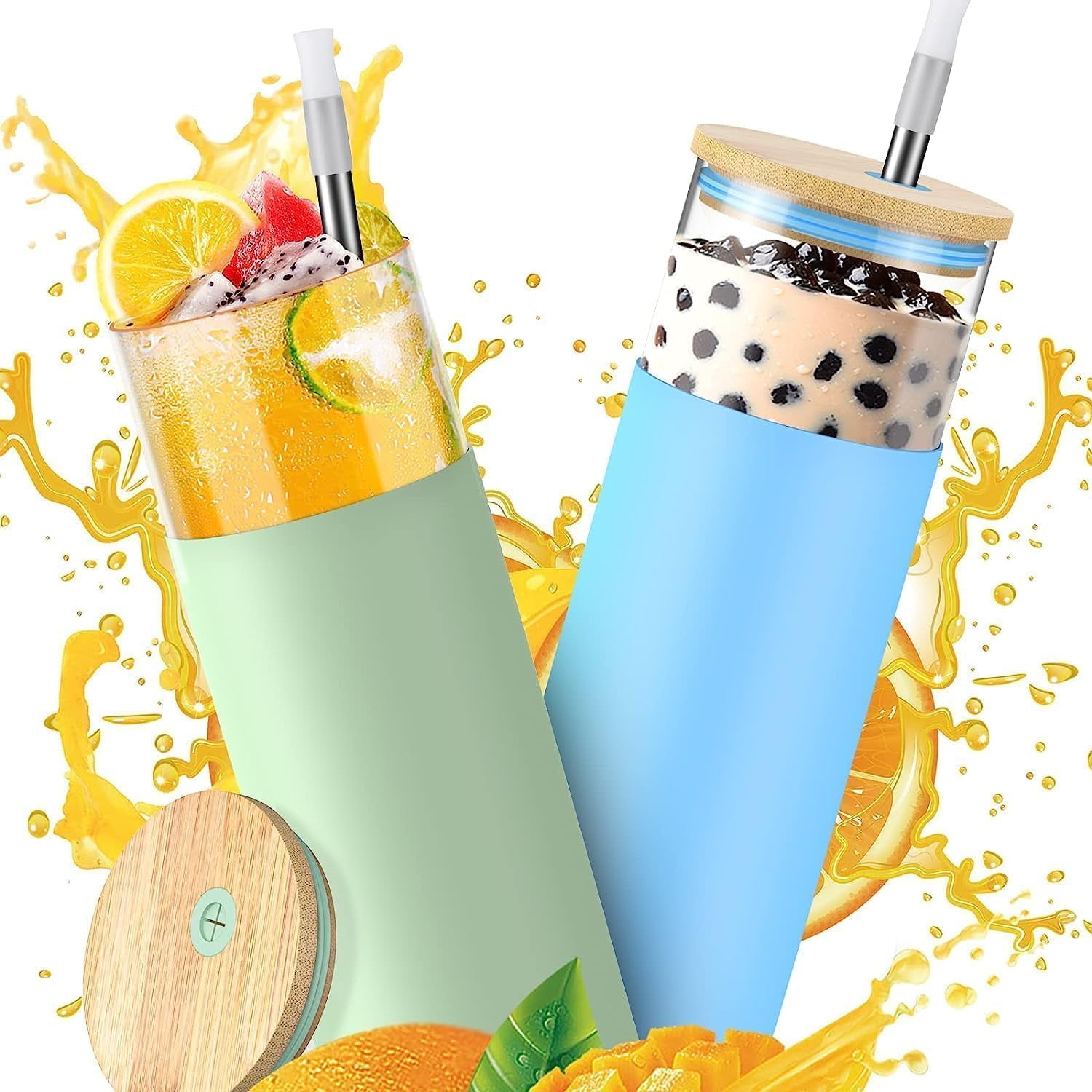 Glass Water Tumbler with Straw and Lid, 2Pcs 20Oz Glass Tumbler with