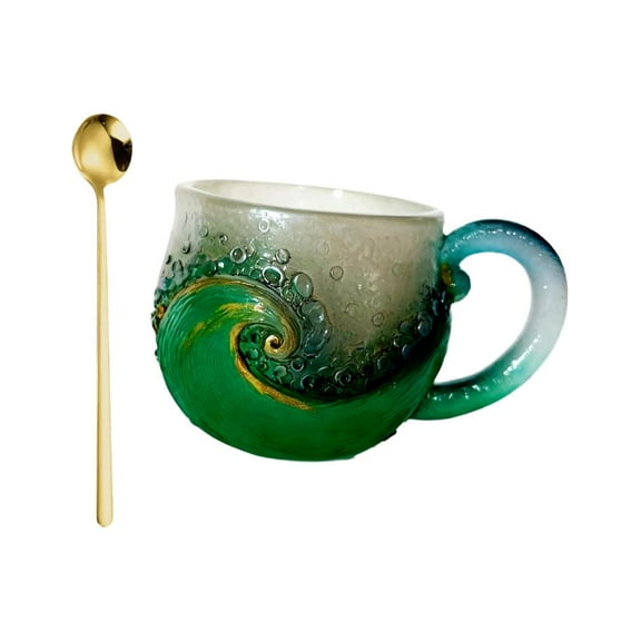 Sea Glass Wave Mug, 12oz Handblown Ocean Wave Glass Mug Cup with Spoon, Textured Sea Wav-e Design, Unique Glassware for Tea, Coffee, Cocktails, Beach Lovers & Holiday Gifts