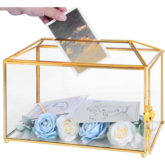 Glass Wedding Card Box with Lock, 12.6x5.9x9 inches Large Gold Card Boxes for Wedding Reception, Keepsake Display, Graduation, Party Centerpiece Decorative Box