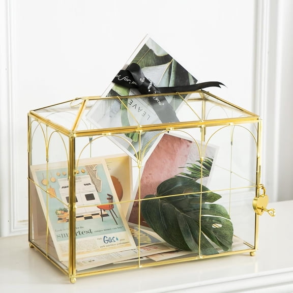 Glass Wedding Card Box with Slot, 10.2'' Large Clear Card Box Brass Card Storage Box with Lock for Wedding Receptions, Shower, Birthday Party, Bridal Shower