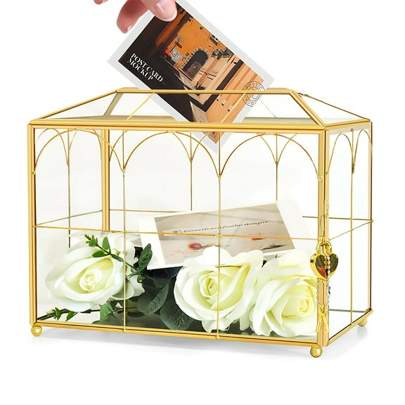 Glass Wedding Card Box with Slot, 10.2 X 5.9 X 7.9 Inches Handmade Vintage Golden Wedding Card Boxes for Reception, Keepsake, Baby Shower, Graduation, Party Decorative Box