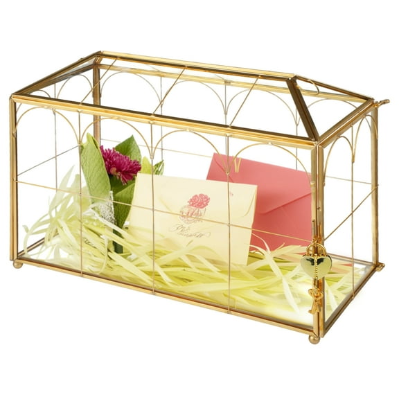 Glass Wedding Card Box with Gold Metal Frame, Envelope Card Reception Box with Heart Lock, Transparent Glass, 12.6 x 5.9 x 9 in