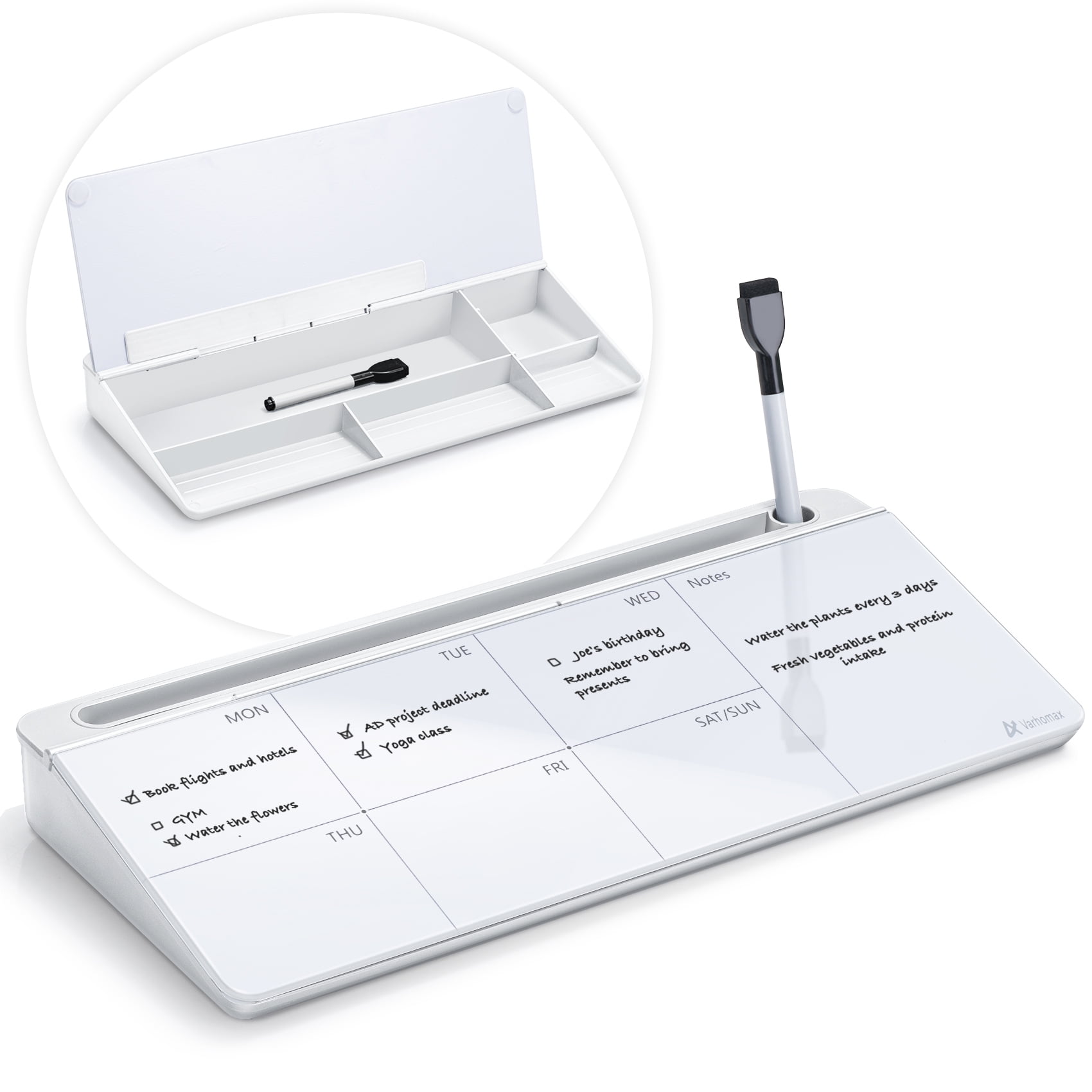 White Glass Freestanding Magnetic Dry Erase Calendar with Storage Caddy