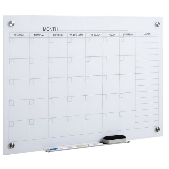 Glass Whiteboard Calendar, 35x23 Inch Monthly Planner, Frameless Dry Erase Board with Markers & Eraser for Home Office