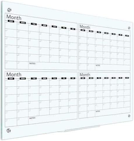 Glass Whiteboard Calendar 36 x 24 4 Month Dry Erase Calendar White ...