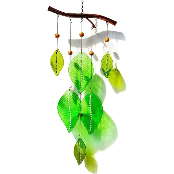 Glass Wind Chimes for Outside,  Windchimes Outdoors with Stained Glass Leaves for  Window Garden Yard Patio Decor, 20"