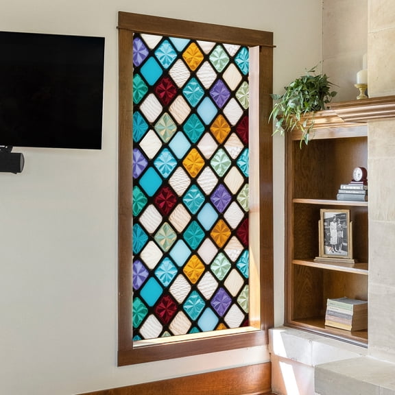 Glass Window Film,Stained Glass Window Film,Window Privacy Films, Colorful Lattice Window Tint, Rainbow Glass Decals Stickers for Home Anti UV Decorative 3D Privacy Sticker(40*18IN)