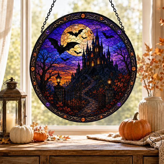 Glass Window Hanging Bat Haunted Castle Glass Window Decor for Halloween Gothic Homes