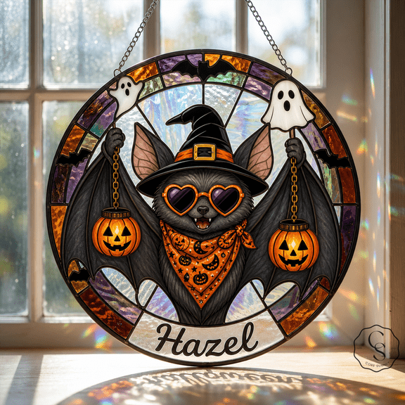 Glass Window Hanging Bat Witch Stained Glass Suncatcher for Halloween Decor
