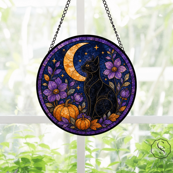 Glass Window Hanging Black Cat Floral Moon Glass Suncatcher for Halloween Decor