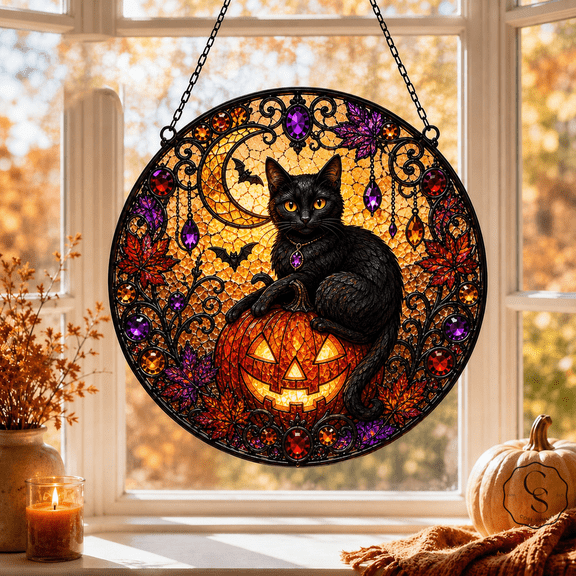 Glass Window Hanging Black Cat Jack O Lantern Stained Glass Style for Halloween Decor Lovers