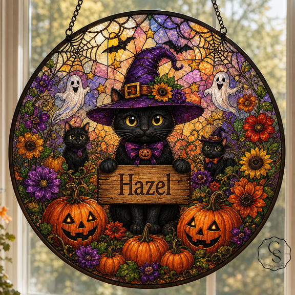 Glass Window Hanging Black Cat Pumpkin Patch Glass Window Decor for Halloween Cat Lovers