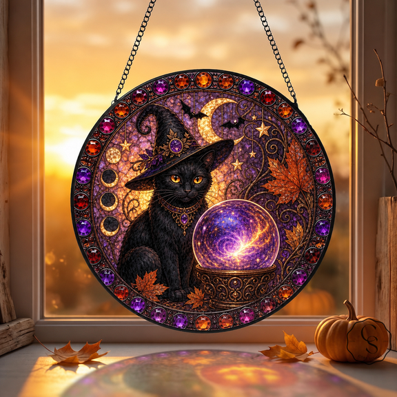 Glass Window Hanging Black Cat and Crystal Ball Sun Catcher for Witchy Halloween Lovers